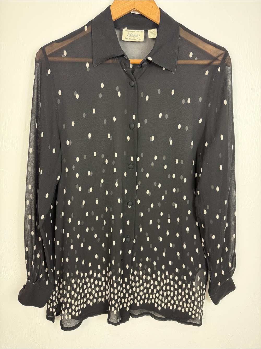 Vintage Lord & Taylor Black Sheer Polka Dot Blouse Petite 12P Button Front - Picture 2 of 9